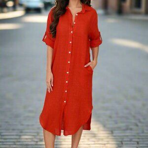 NWT Milio Milano Red Flame Linen Shirt Dress